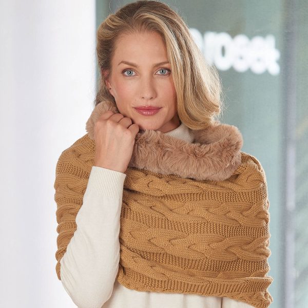 Beige Loop Scarf With Fake Fur Hood