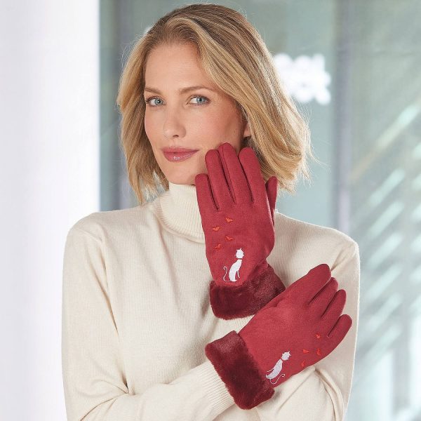 Burgundy Suede Cat Embroided Gloves