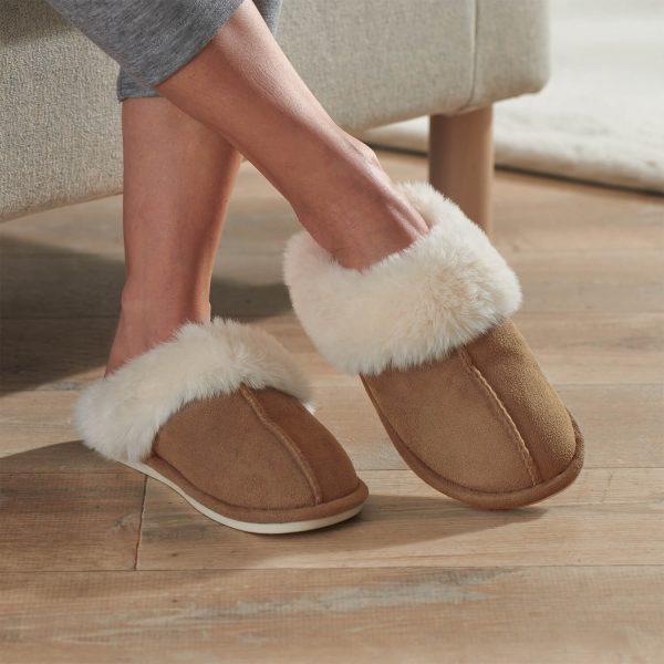 Beige L Washable Fur Trim Slippers