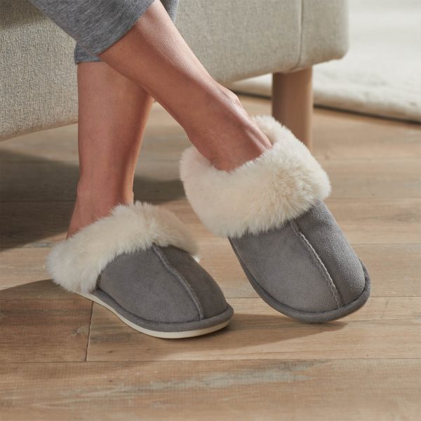 Grey S Washable Fur Trim Slippers