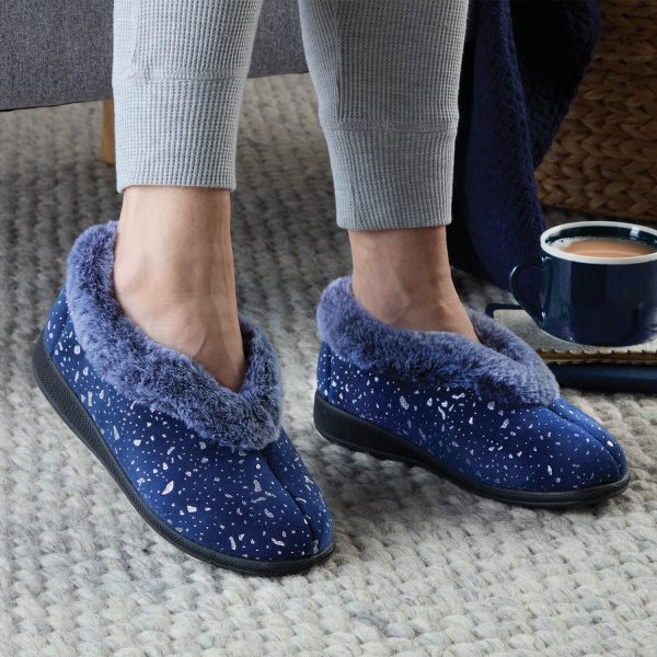 Navy 4 Ee Wide Fit Slippers With Fur Trim