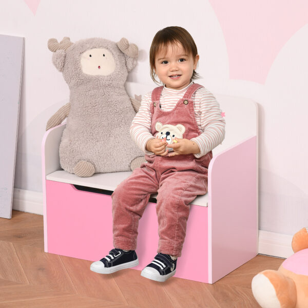 HOMCOM Kids Wooden Toy Storage Chest Chair 2 in 1 Design with Gas Stay Bar Safety Hinges Lid 60 x 30 x 50cm Pink   Aosom UK - Image 2