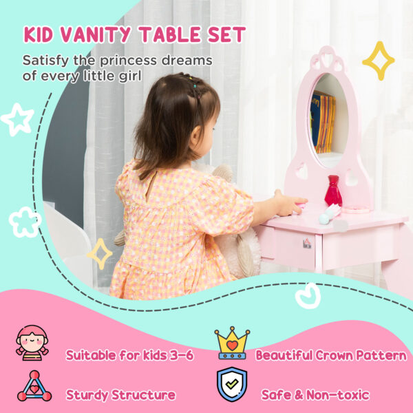 HOMCOM Kids Vanity Table & Stool Girls Dressing Set Make Up Desk Chair Dresser Play Set with Mirror Pink   Aosom UK - Image 5