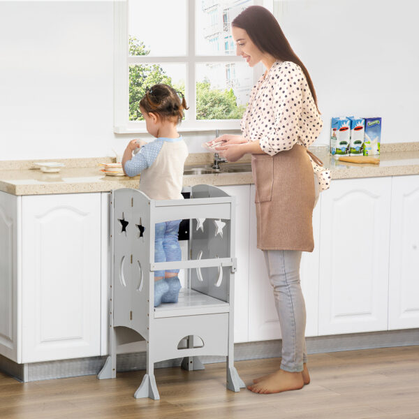 HOMCOM Kids Step Stool Toddler Kitchen Stool with Blackboard Lockable Handrail for Kids Kitchen Counter Grey - Image 2