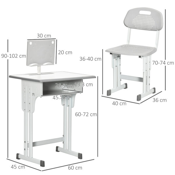 HOMCOM Kids Desk and Chair Set, Height Adjustable Study Table Set with Storage Drawer, Book Stand, Cup Holder, Pen Slot, Grey - Image 3