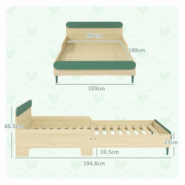 AIYAPLAY Toddler Bed with Safety Rail for Ages 3-10 Years, 195 x 103 x 60.5cm, Green   Aosom UK - Image 3