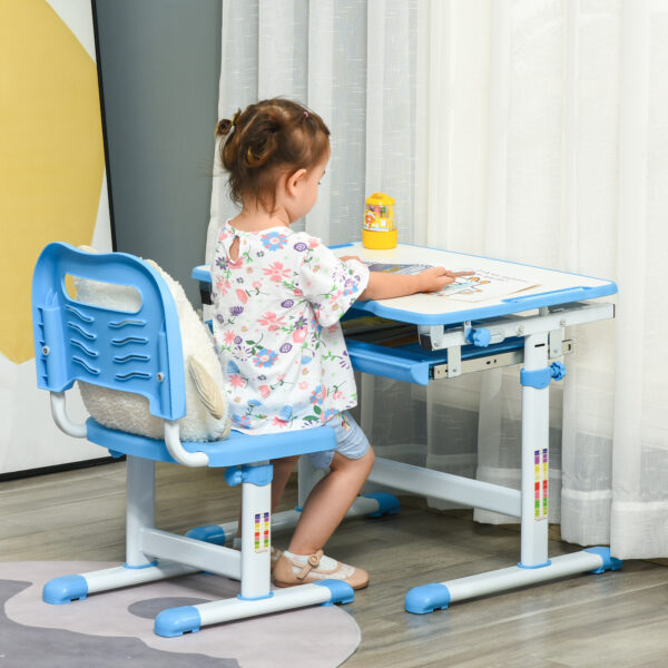 HOMCOM Kids Desk and Chair Set Height Adjustable Student Writing Desk Children Study Table w/ Desktop, Drawer, Pen Slot, Hook Blue   Aosom UK - Image 2