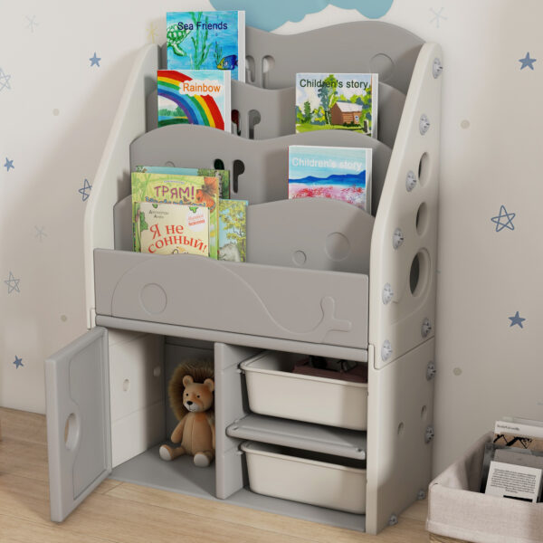 AIYAPLAY Kids Storage Units with 2 Storage Boxes, 4 Tier Bookshelf, Cabinet, 67 x 29 x 98cm Light Grey   Aosom UK - Image 9