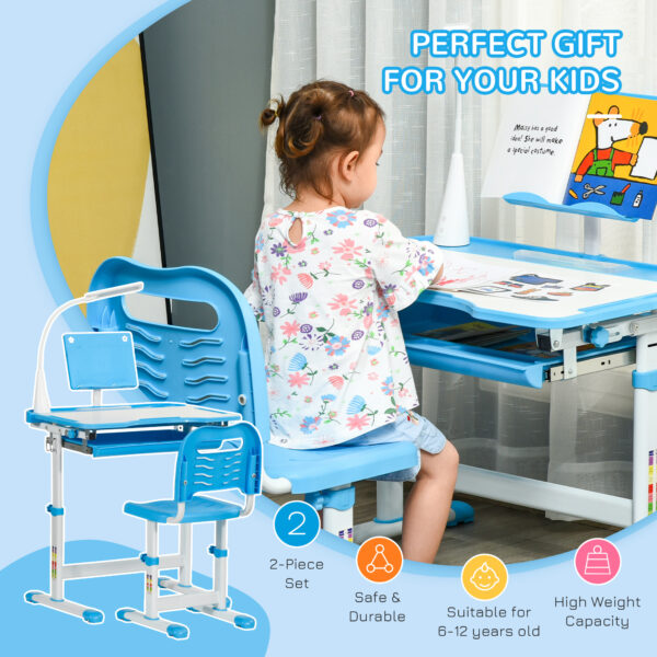 HOMCOM Kids Study Desk and Chair Set w/ Adjustable Height, Storage Drawer - Blue   Aosom UK - Image 6