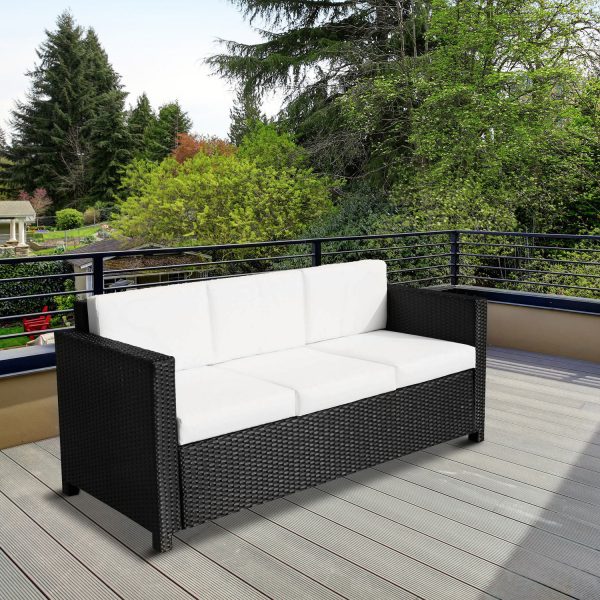 Outsunny Garden Rattan Sofa 3 Seater All-Weather Wicker Weave Metal Frame Chair with Fire Resistant Cushion - Black - Image 2