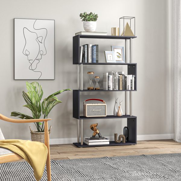 HOMCOM S-Shaped Bookcase, Contemporary Wooden Bookshelf Dividers, Spacious Storage Display Unit, Elegant Black, Ideal for Home and Office   Aosom UK - Image 7