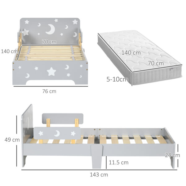 ZONEKIZ Kids Toddler Bed with Star & Moon Patterns, Safety Side Rails Slats, Kids Bedroom Furniture for 3-6 Years Old, Grey, 143 x 76 x 49 cm - Image 3