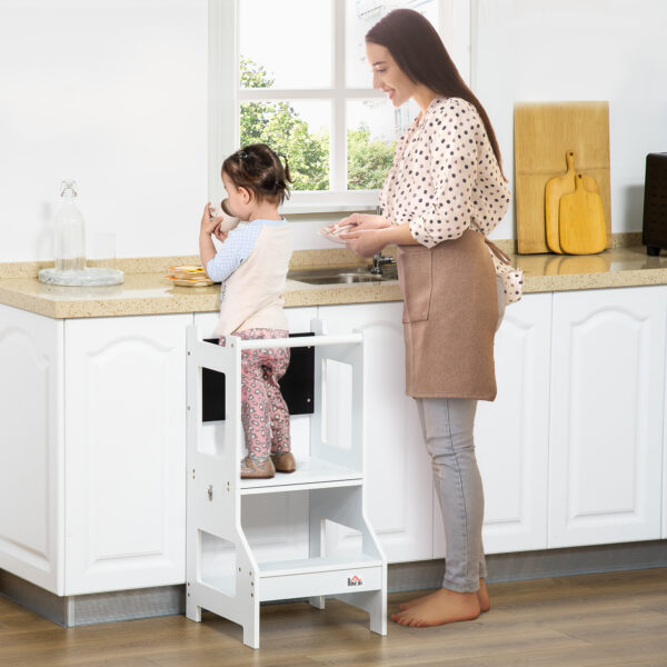 HOMCOM 2-in-1 Kids Step Stool, Toddler Table and Chair Set, with Safety Rail Chalkboard Kitchen Helper Standing Tower, White - Image 2