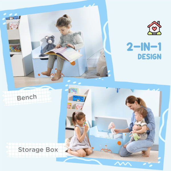 ZONEKIZ 2-IN-1 Wooden Toy Box, Kids Storage Bench Toy Chest with Safety Pneumatic Rod, Rocket Pattern, Blue   Aosom UK - Image 4