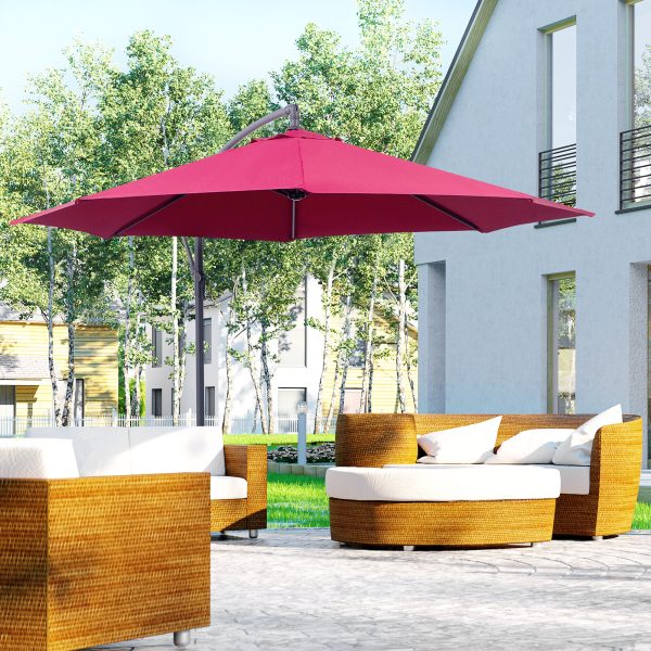 Outsunny 3(m) Garden Banana Parasol Hanging Cantilever Umbrella with Crank Handle and Cross Base for Outdoor, Sun Shade, Wine Red - Image 2