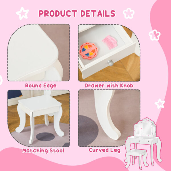 HOMCOM Kids Vanity Table & Stool Girls Dressing Set Make Up Desk Chair Dresser Play Set with Rotatable Mirrors Drawer Star & Heart Pattern White - Image 5