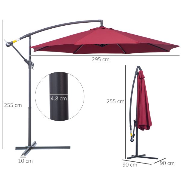 Outsunny 3(m) Garden Banana Parasol Hanging Cantilever Umbrella with Crank Handle and Cross Base for Outdoor, Sun Shade, Wine Red - Image 3