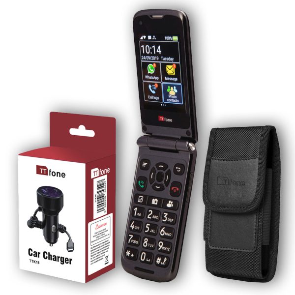 Bundle offer for TTfone Titan TT950 Touchscreen WhatsApp Flip Senior Mobile with Nylon Holster Case (TTCB9) and Car Charger (TTCC), EE Pay As You Go