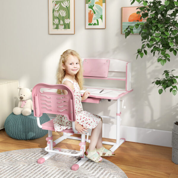 ZONEKIZ Height Adjustable Kids Study Table and Chair Set, with Drawer, Storage Shelf, 80 x 54.5 x 104 cm, Pink   Aosom UK - Image 2