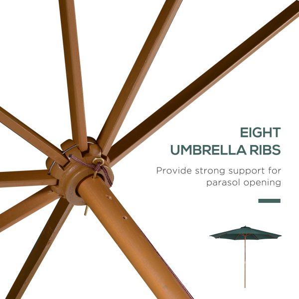 Outsunny 3(m) Wooden Patio Umbrella, Pulley Operated Garden Parasol with Rope Pulley Mechanism and 8 Ribs, Dark Green   Aosom UK - Image 7