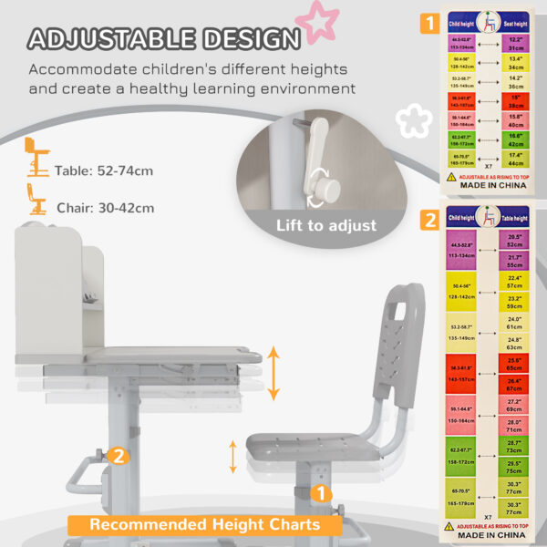 ZONEKIZ Height Adjustable Kids Study Table and Chair Set, with Drawer, Storage Shelf, 80 x 54.5 x 104 cm, Grey   Aosom UK - Image 6