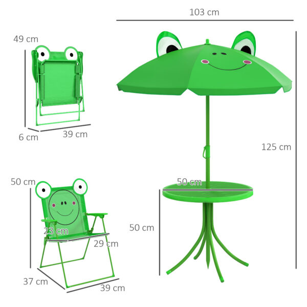 Outsunny Kids Folding Picnic Table and Chair Set Frog Pattern with Removable & Height Adjustable Sun Umbrella, Green - Image 3