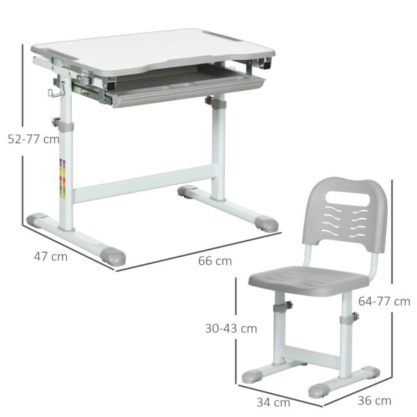 HOMCOM Kids Desk and Chair Set Height Adjustable Student Writing Desk Children School Study Table with Tiltable Desktop, Grey - Image 3