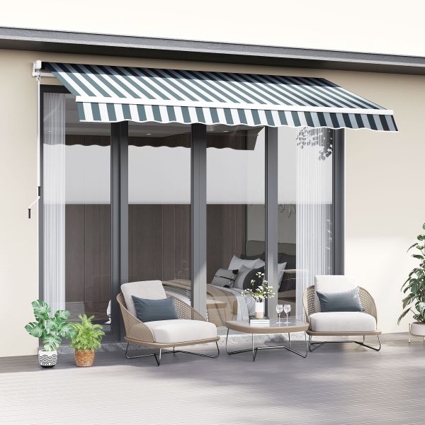 Outsunny 2.5m x 2m Garden Patio Manual Awning Canopy Sun Shade Shelter Retractable with Winding Handle Green White - Image 2