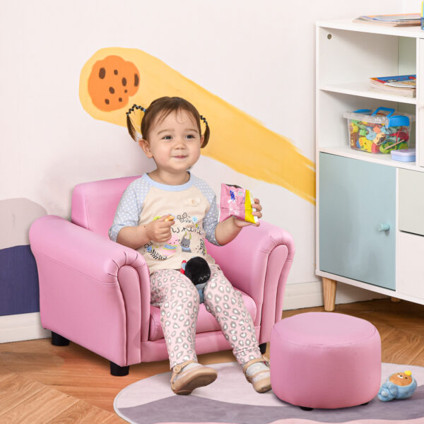 HOMCOM Toddler Chair Single Seater Kids Sofa Set Children Couch Seating Game Chair Seat Armchair w/ Free Footstool (Pink) - Image 2