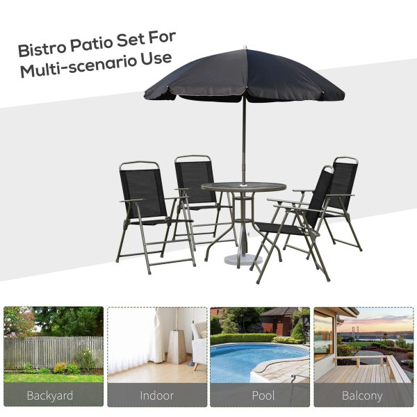 Outsunny 6 PCs Garden Patio Furniture Set Bistro Set Texteline Folding Chairs +Table +Parasol (Black) - Image 6