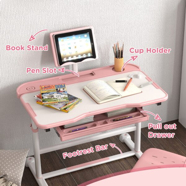 AIYAPLAY Height Adjustable Kids Desk and Chair Set, School Study Writing, Reading Table Chair Set w/ Tilted Desktop, Pink   Aosom UK - Image 7