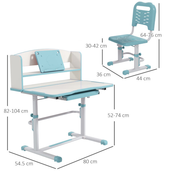 ZONEKIZ Height Adjustable Kids Study Table and Chair Set, with Drawer, Storage Shelf, 80 x 54.5 x 104 cm, Blue - Image 3