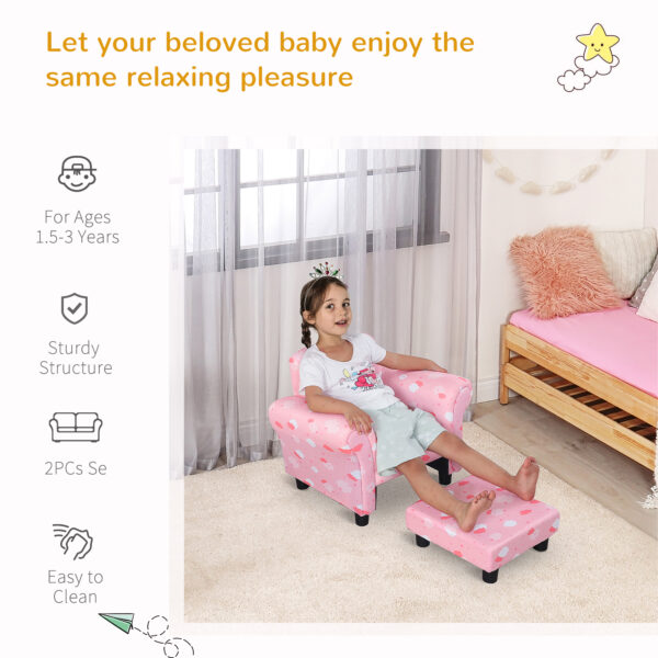 HOMCOM Kids Children Armchair Mini Sofa Wood Frame w/ Footrest Anti-Slip Legs High Back Arms Bedroom Playroom Furniture Cute Cloud Pink   Aosom UK - Image 5