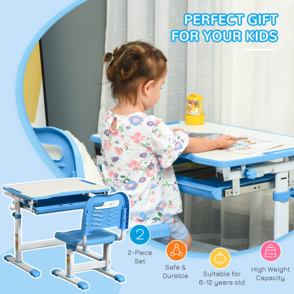 HOMCOM Kids Desk and Chair Set Height Adjustable Student Writing Desk Children Study Table w/ Desktop, Drawer, Pen Slot, Hook Blue   Aosom UK - Image 4