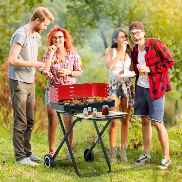 Outsunny BBQ Grill Charcoal Barbecue Grill Garden Foldable BBQ Trolley w/ Windshield, Wheels, Side Trays, Red/Black   Aosom UK - Image 2