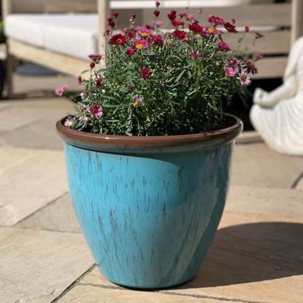 38Cm Running Glaze Planter Aqua Set Of 2