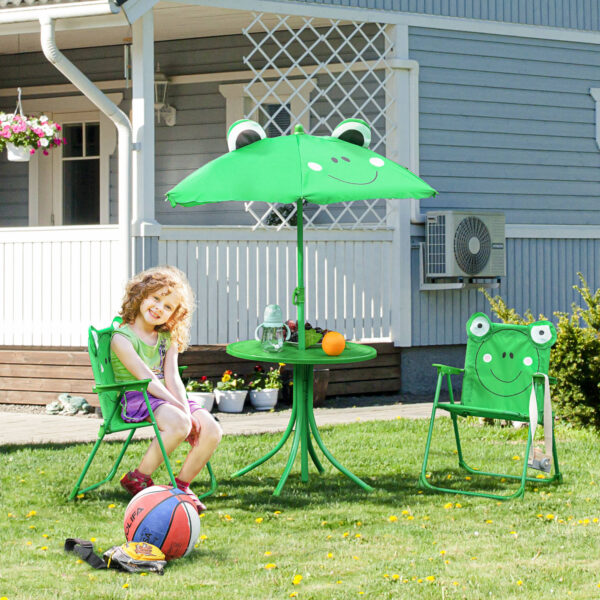 Outsunny Kids Folding Picnic Table and Chair Set Frog Pattern with Removable & Height Adjustable Sun Umbrella, Green - Image 2