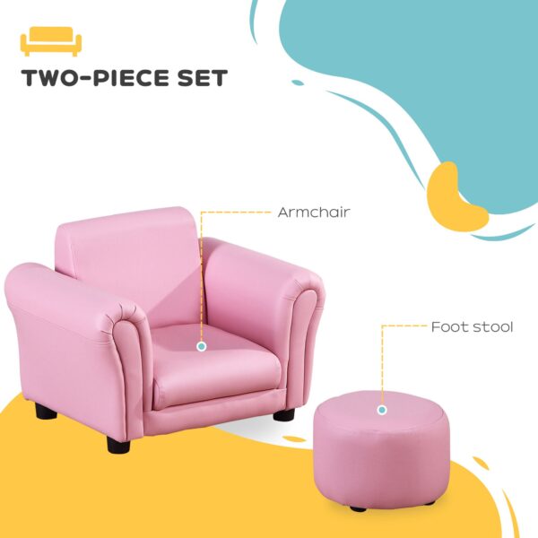 HOMCOM Toddler Chair Single Seater Kids Sofa Set Children Couch Seating Game Chair Seat Armchair w/ Free Footstool (Pink) - Image 4