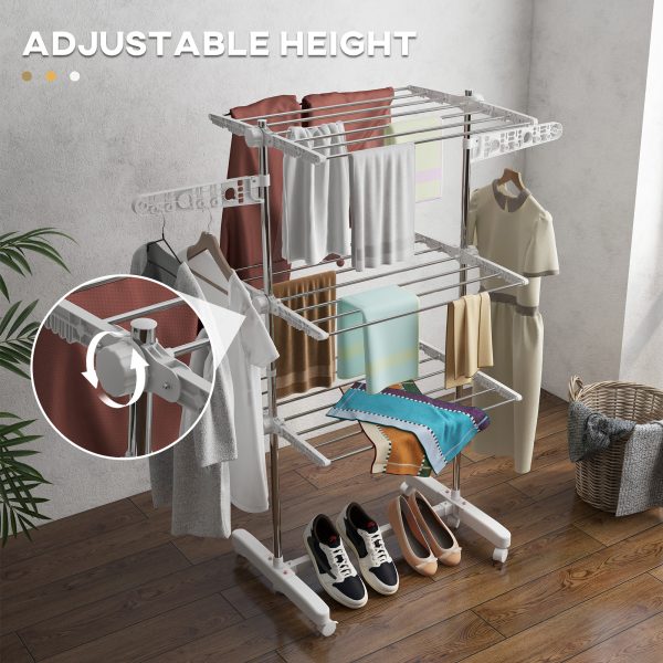 HOMCOM 3 Tier Clothes Airer with Wheels and Wings, Dry Soon Airer with Stainless Steel, Easy Assembly Indoor and Outdoor, White & Silver   Aosom UK - Image 4