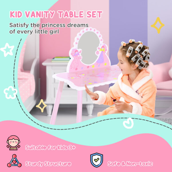 HOMCOM Kids Dressing Table Girls Pink Wooden Kids Dressing Table & Stool Make Up Desk Chair Toys Fairy Dresser Play Set w/Mirror   Aosom UK - Image 4