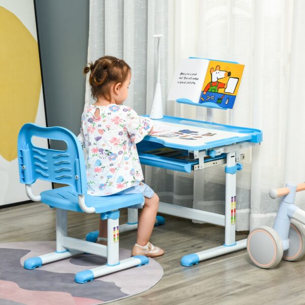 HOMCOM Kids Study Desk and Chair Set w/ Adjustable Height, Storage Drawer - Blue   Aosom UK - Image 2