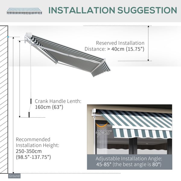 Outsunny 2.5m x 2m Garden Patio Manual Awning Canopy Sun Shade Shelter Retractable with Winding Handle Green White - Image 6