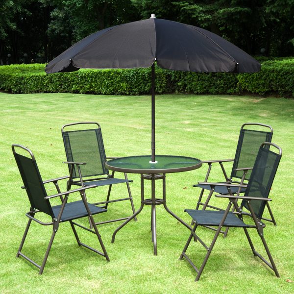 Outsunny 6 PCs Garden Patio Furniture Set Bistro Set Texteline Folding Chairs +Table +Parasol (Black) - Image 2