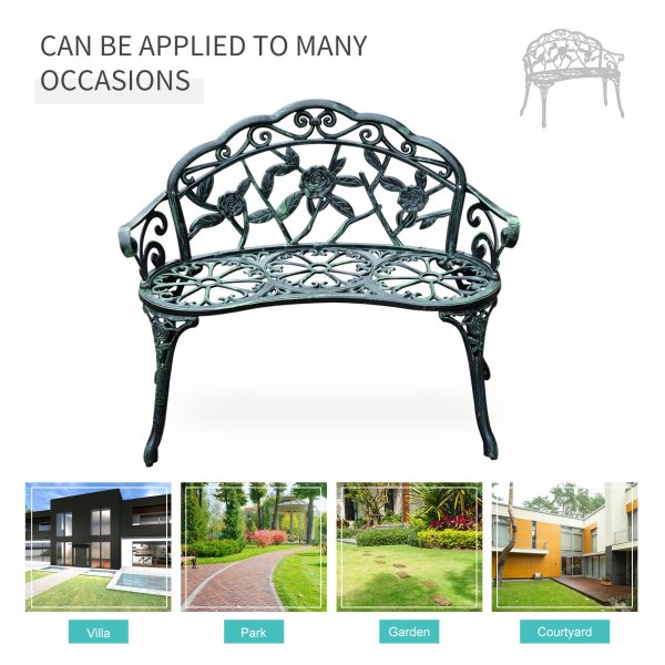 Outsunny Cast Aluminium Outdoor Garden Patio Antique Rose Style Bench Porch Park Chair Seater - Green   Aosom UK - Image 7