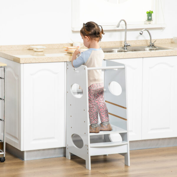 HOMCOM Toddler Step Stool Kids Adjustable Standing Tower with Safety Rail for Kitchen Counter Grey   Aosom UK - Image 2