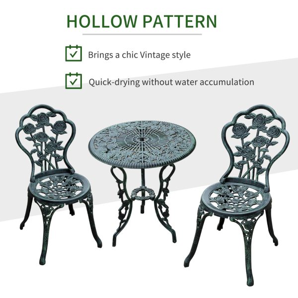 Outsunny Cast Aluminium Outdoor Patio Garden Bistro Elegant Design Table Chair Set - Green (3-Piece) - Image 5