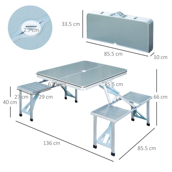 Outsunny Folding Camping Table and Chairs Set, Portable Picnic Table with Stools, Aluminium Outdoor Garden BBQ Party Field Kitchen - Image 3