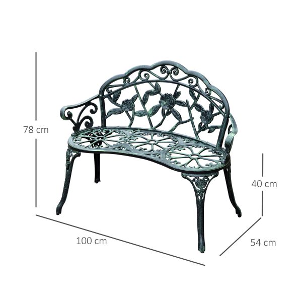 Outsunny Cast Aluminium Outdoor Garden Patio Antique Rose Style Bench Porch Park Chair Seater - Green   Aosom UK - Image 3