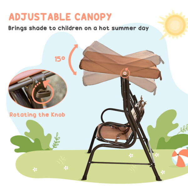 Outsunny 2-Seat Kids Canopy Swing, Children Outdoor Patio Lounge Chair, for Garden Porch, with Adjustable Awning, Seat Belt, Monkey Pattern, Coffee - Image 5