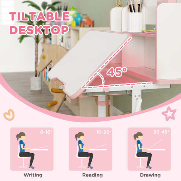 AIYAPLAY Height Adjustable Kids Desk and Chair Set, Children School Study Desk with Tiltable Desktop, Reading Rack, Pink   Aosom UK - Image 4